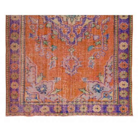 Handmade Central Anatolian Vintage Rug in Burnt Orange, Purple, Blue & Green Color with Medallion Design