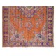 Handmade Central Anatolian Vintage Rug in Burnt Orange, Purple, Blue & Green Color with Medallion Design