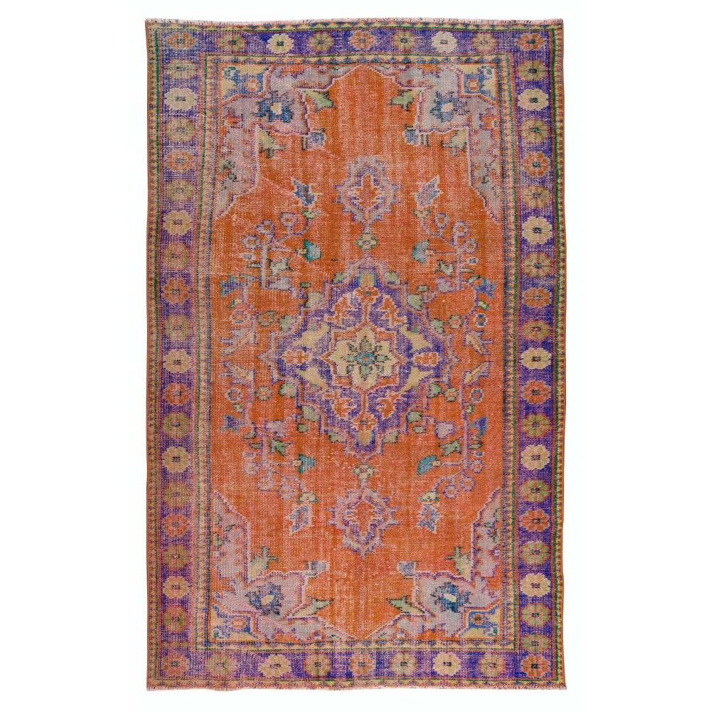 Handmade Central Anatolian Vintage Rug in Burnt Orange, Purple, Blue & Green Color with Medallion Design