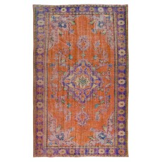 Handmade Central Anatolian Vintage Rug in Burnt Orange, Purple, Blue & Green Color with Medallion Design