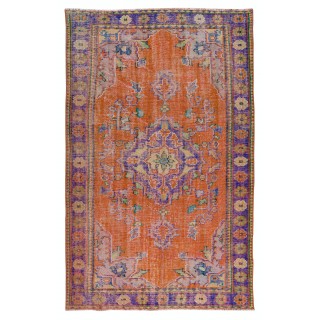 Handmade Central Anatolian Vintage Rug in Burnt Orange, Purple, Blue & Green Color with Medallion Design