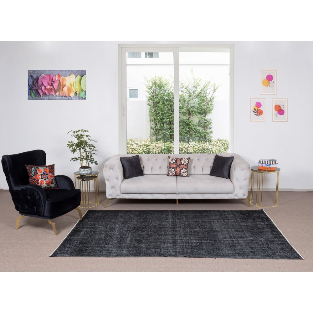 Modern Turkish Area Rug Over-Dyed in Black, Vintage Handmade Wool Carpet