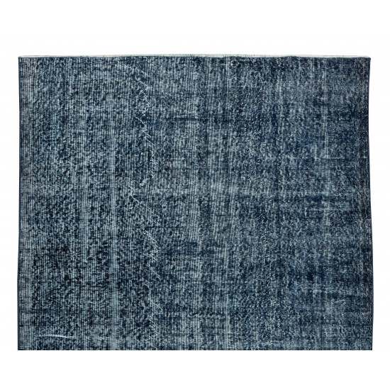 Navy Blue Over-Dyed Rug for Modern Interiors, Vintage Hand-Knotted Turkish Wool Carpet