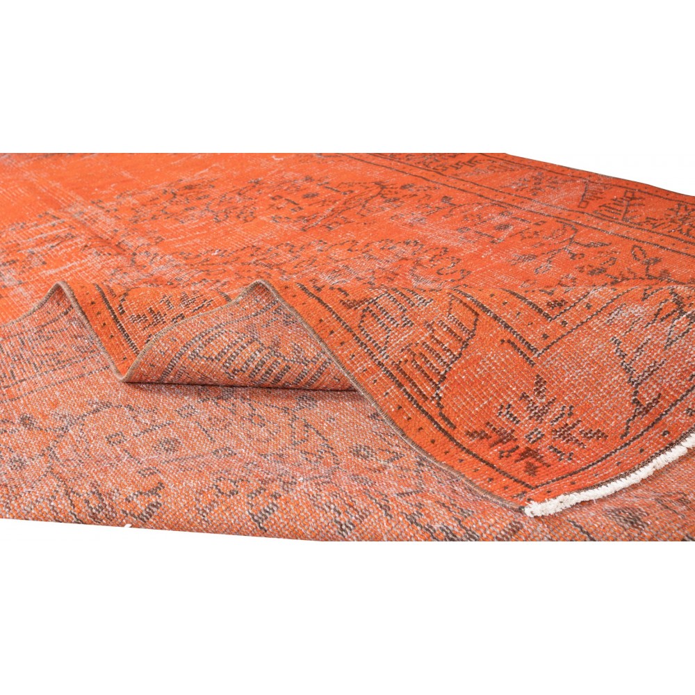 Medallion Pattern Orange Over-dyed Rug, Upcycled Turkish Handmade Carpet for Modern Interiors