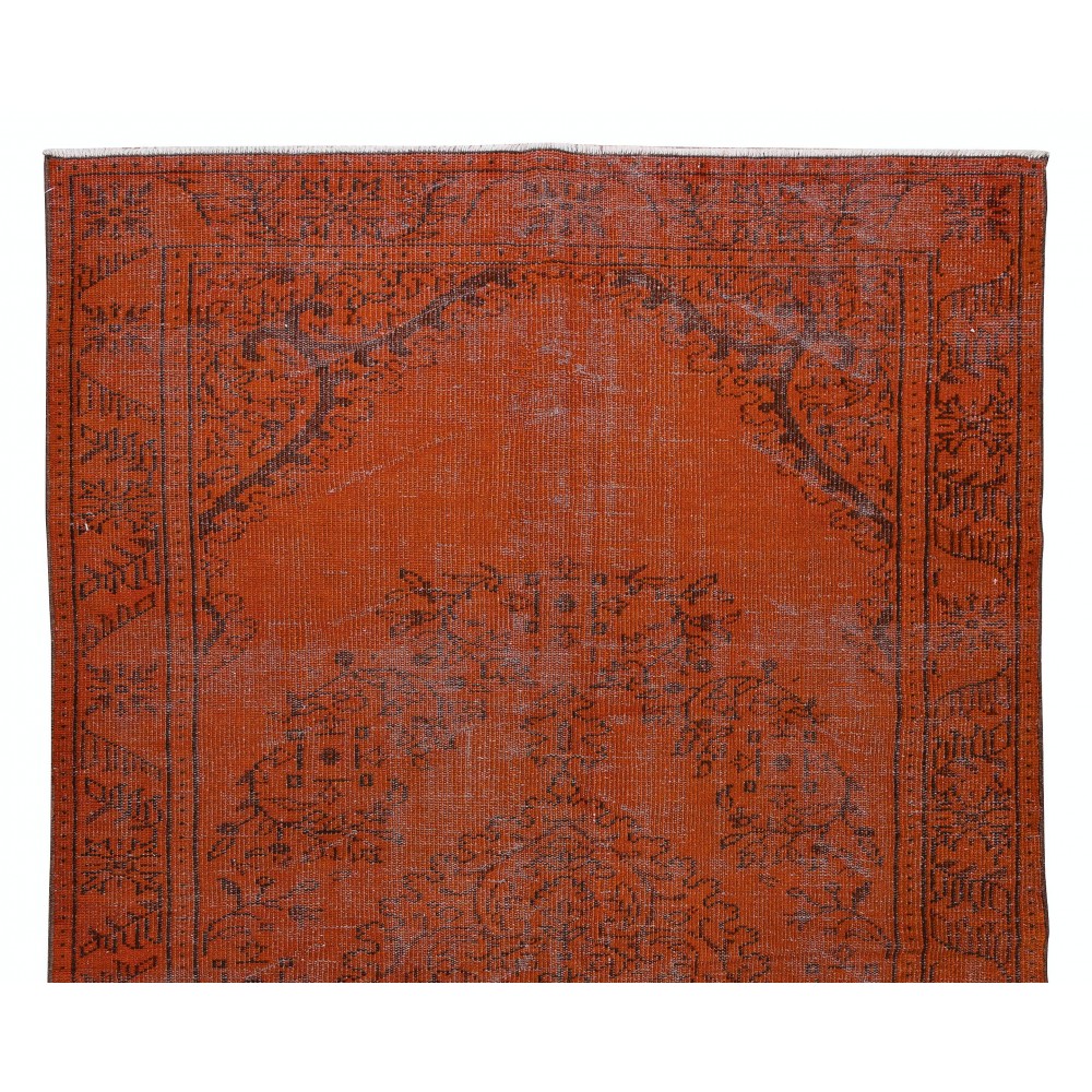Medallion Pattern Orange Over-dyed Rug, Upcycled Turkish Handmade Carpet for Modern Interiors