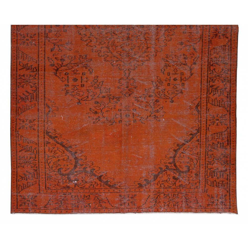 Medallion Pattern Orange Over-dyed Rug, Upcycled Turkish Handmade Carpet for Modern Interiors