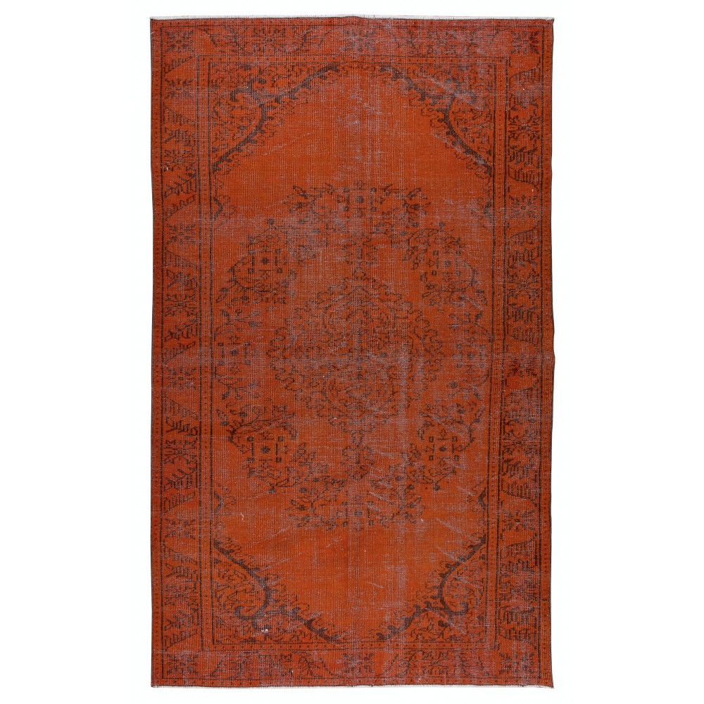 Medallion Pattern Orange Over-dyed Rug, Upcycled Turkish Handmade Carpet for Modern Interiors