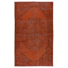 Medallion Pattern Orange Over-dyed Rug, Upcycled Turkish Handmade Carpet for Modern Interiors