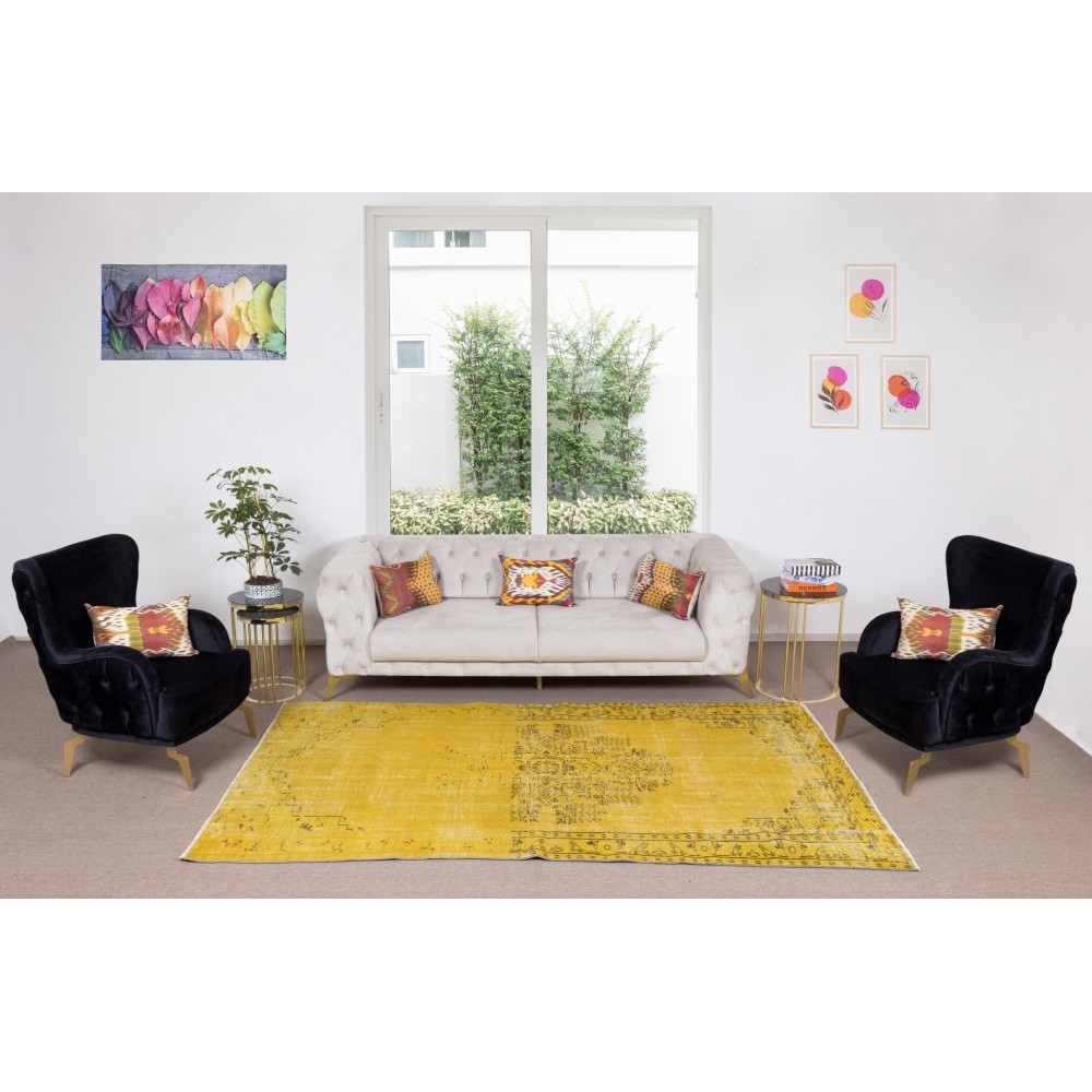 Yellow Over-dyed Rug for Modern Home & Office Decor, Turkish Handmade Carpet