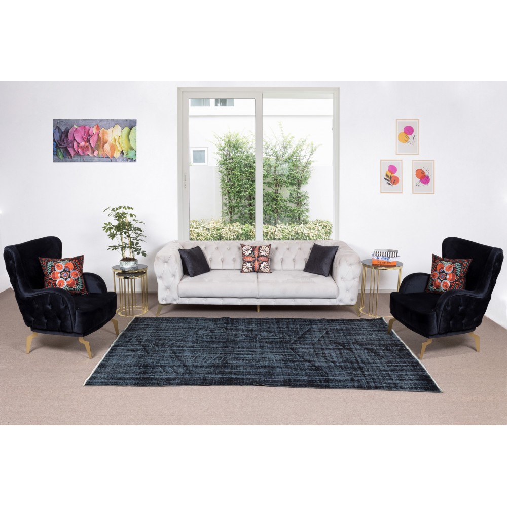 Modern Turkish Area Rug Over-Dyed in Black, Vintage Handmade Wool Carpet