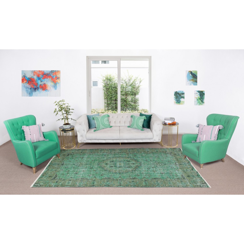Handmade Vintage Turkish Rug Over-Dyed in Green, Great for Office and Home Decor