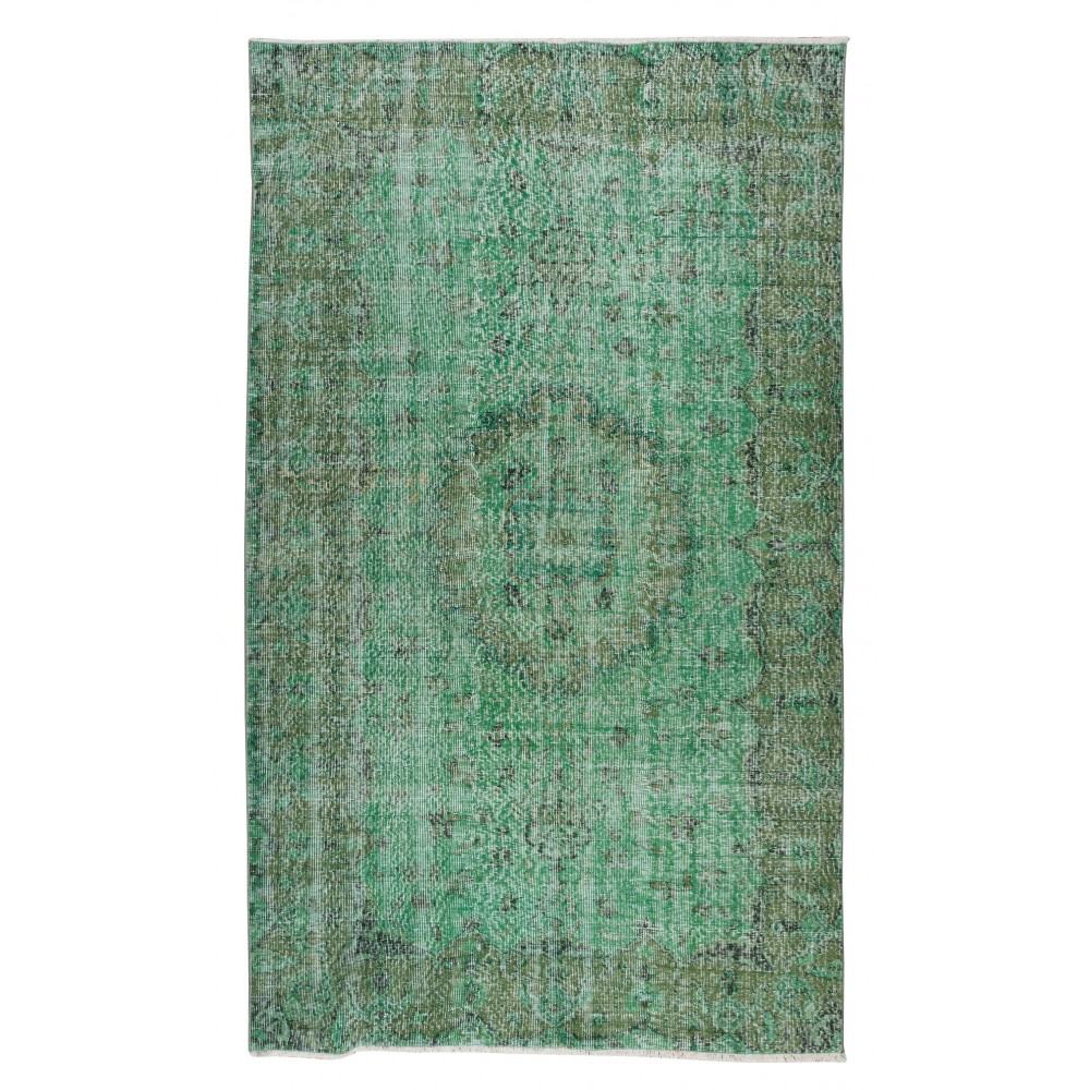 Handmade Vintage Turkish Rug Over-Dyed in Green, Great for Office and Home Decor