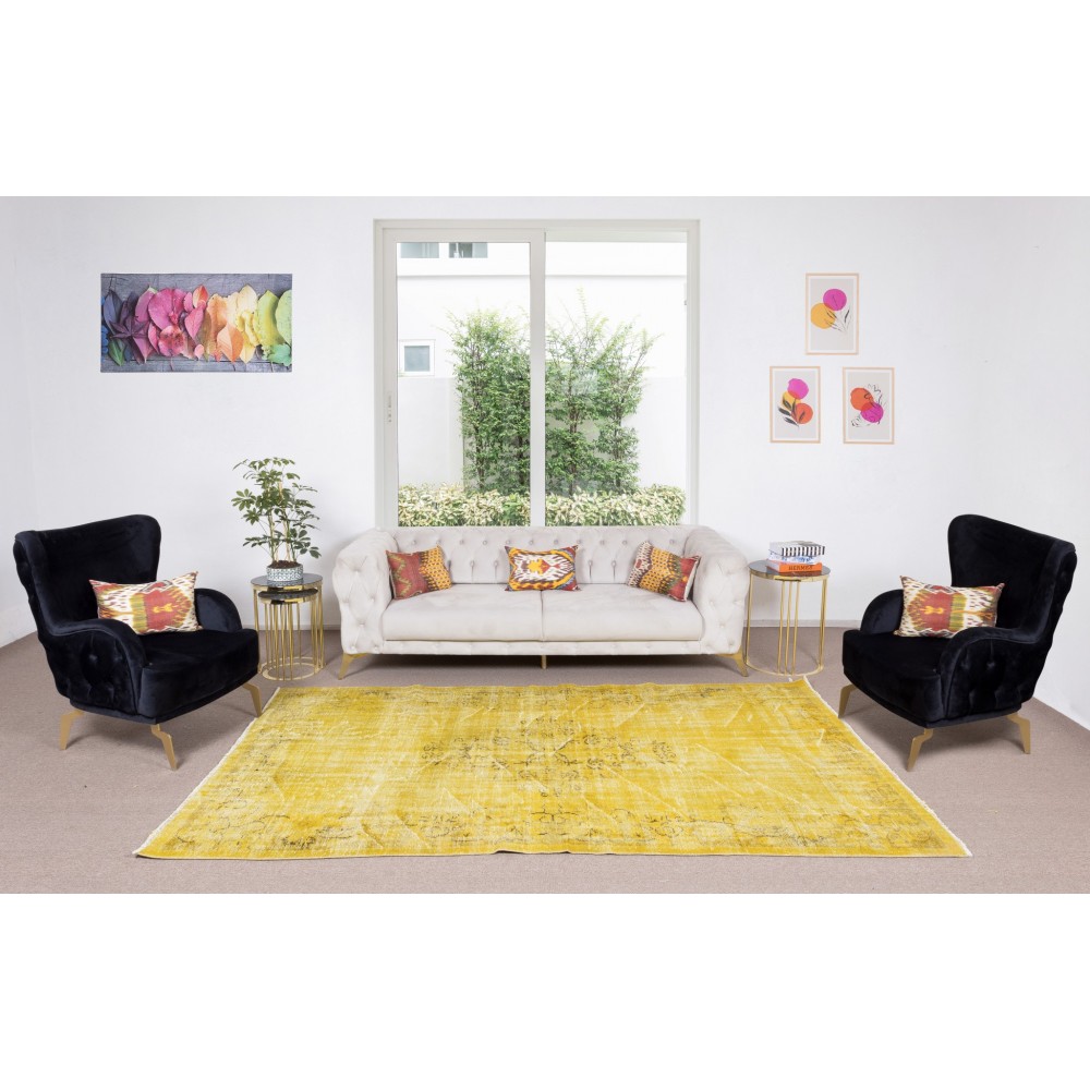 Yellow Over-dyed Rug for Modern Home & Office Decor, Turkish Handmade Carpet