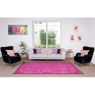 Vintage Handmade Turkish Rug Over-Dyed in Pink, Floral Medallion Design Carpet