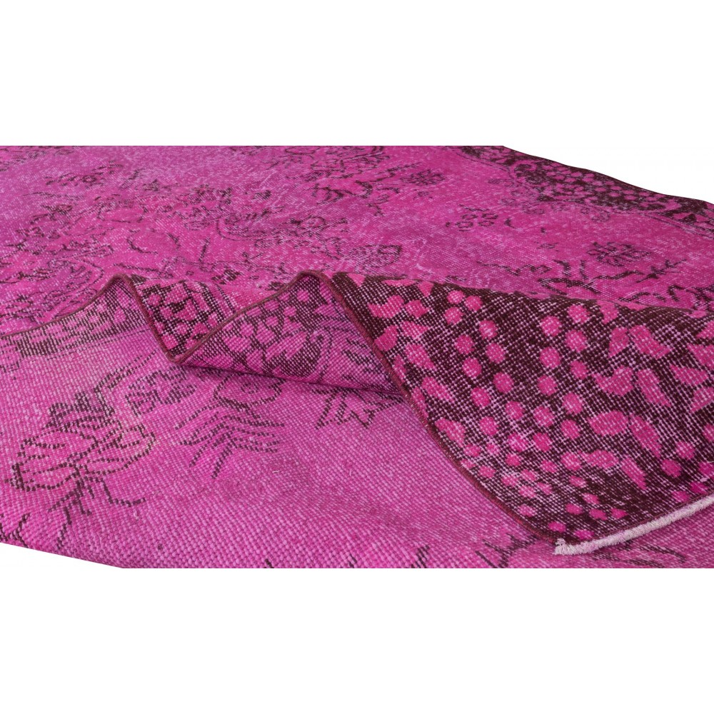 Vintage Handmade Turkish Rug Over-Dyed in Pink, Floral Medallion Design Carpet