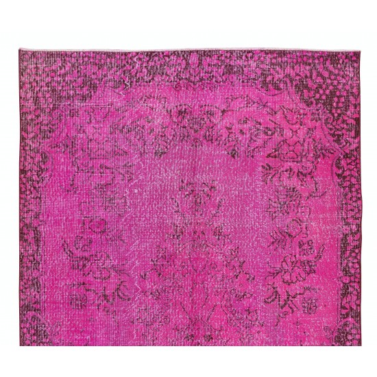 Vintage Handmade Turkish Rug Over-Dyed in Pink, Floral Medallion Design Carpet