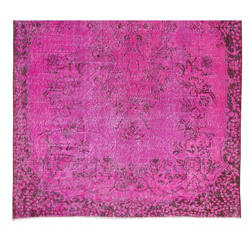Vintage Handmade Turkish Rug Over-Dyed in Pink, Floral Medallion Design Carpet
