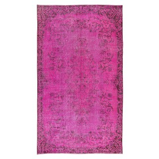 Vintage Handmade Turkish Rug Over-Dyed in Pink, Floral Medallion Design Carpet