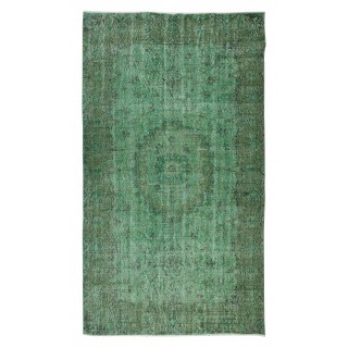 Handmade Vintage Turkish Rug Over-Dyed in Green, Great for Office and Home Decor