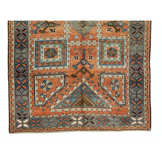 Hand Knotted Turkish Rug, Geometric Vintage Carpet
