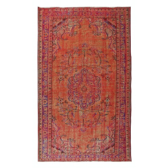 1960s Orange Overdyed Rug for Modern Home & Office Decor, Turkish Handmade Carpet
