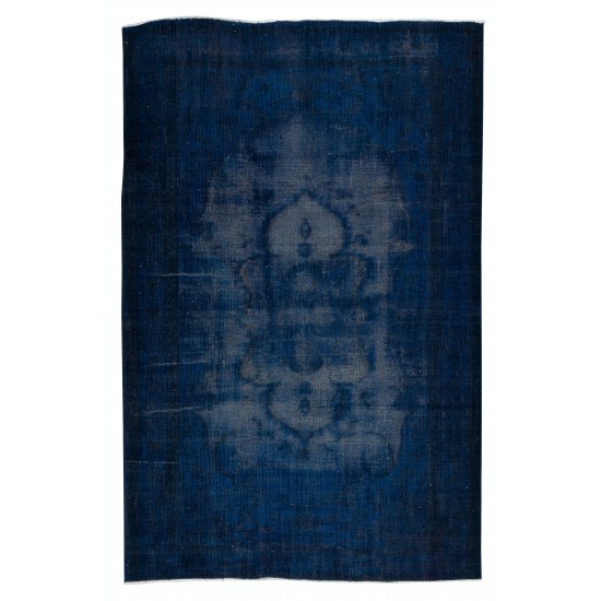 Contemporary Navy Blue Over-Dyed Rug, Vintage Hand-Knotted Turkish Wool Carpet Contemporary Navy Blue Over-Dyed Rug, Vintage Hand-Knotted Turkish Wool Carpet