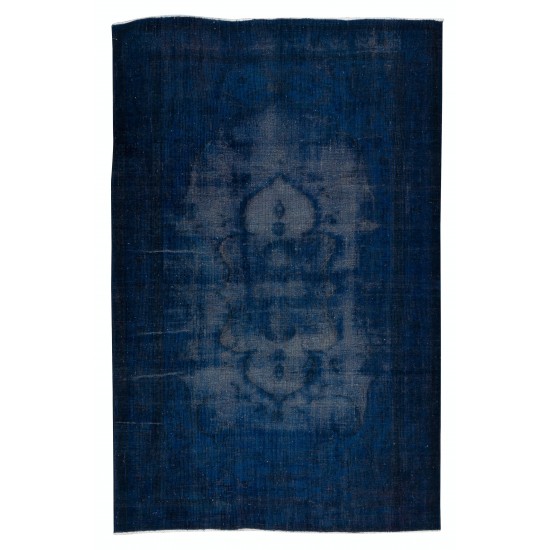 Contemporary Navy Blue Over-Dyed Rug, Vintage Hand-Knotted Turkish Wool Carpet