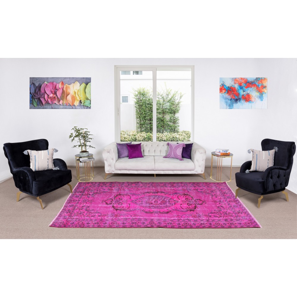 Vintage Handmade Turkish Rug Over-Dyed in Fuchsia Pink, Great for Office & Home Decor