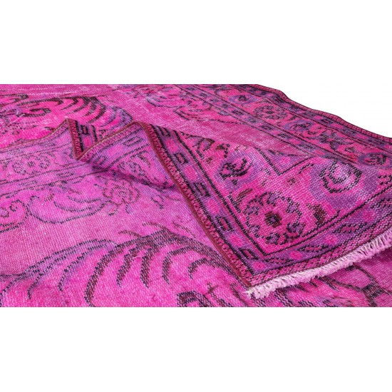 Vintage Handmade Turkish Rug Over-Dyed in Fuchsia Pink, Great for Office & Home Decor