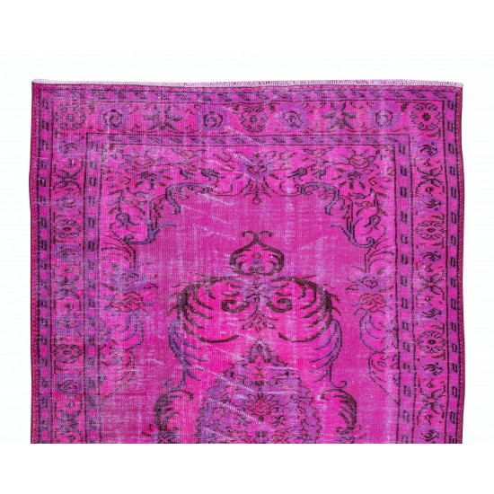 Vintage Handmade Turkish Rug Over-Dyed in Fuchsia Pink, Great for Office & Home Decor