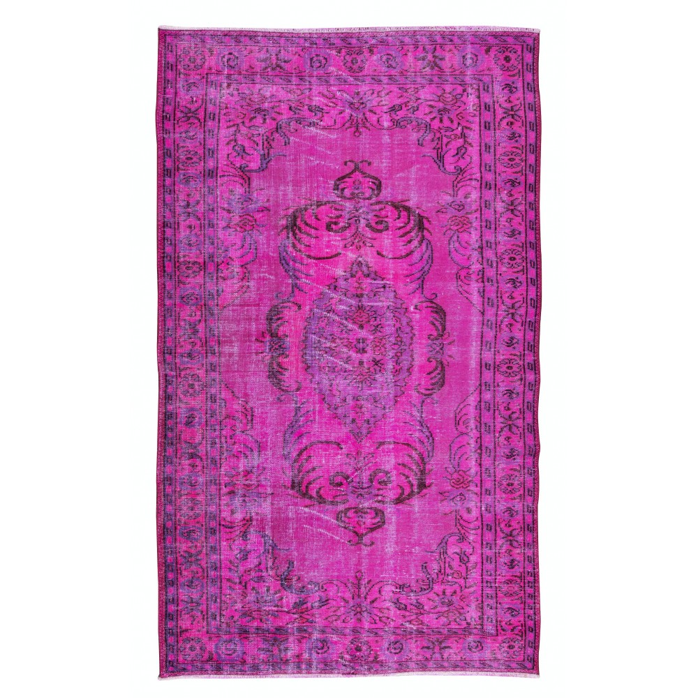 Vintage Handmade Turkish Rug Over-Dyed in Fuchsia Pink, Great for Office & Home Decor