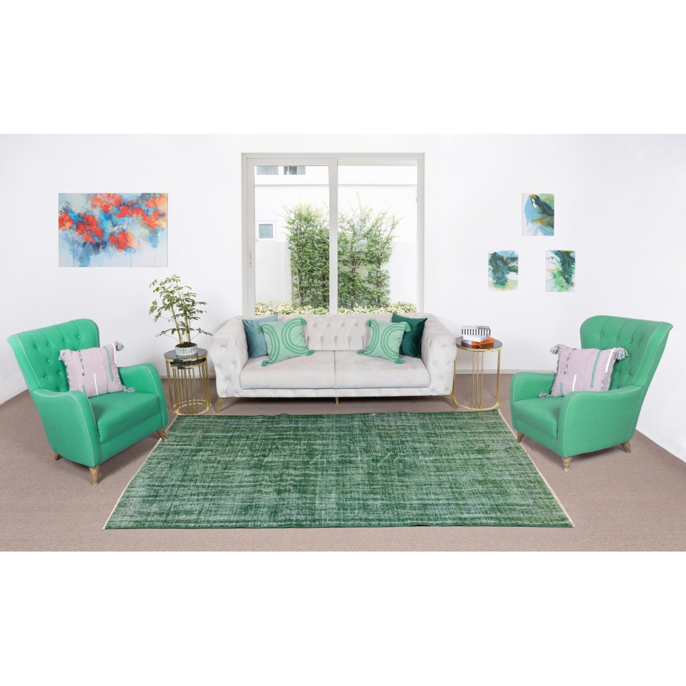 Handmade Vintage Turkish Rug Over-Dyed in Green, Great for Office and Home Decor