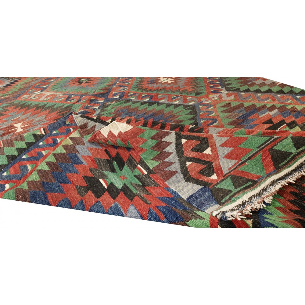 Multicolored Handmade Turkish Wool Kilim, One of a Kind Flat-Weave Rug, Floor Covering