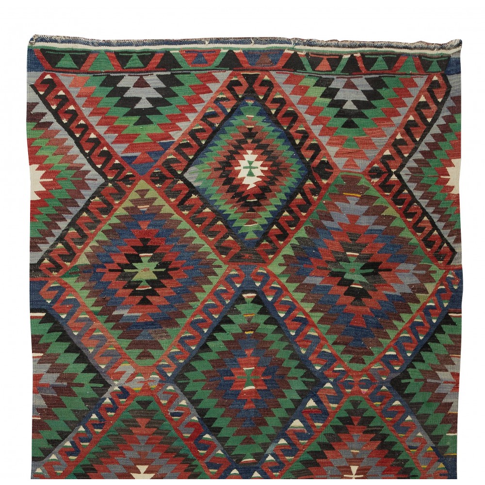 Multicolored Handmade Turkish Wool Kilim, One of a Kind Flat-Weave Rug, Floor Covering