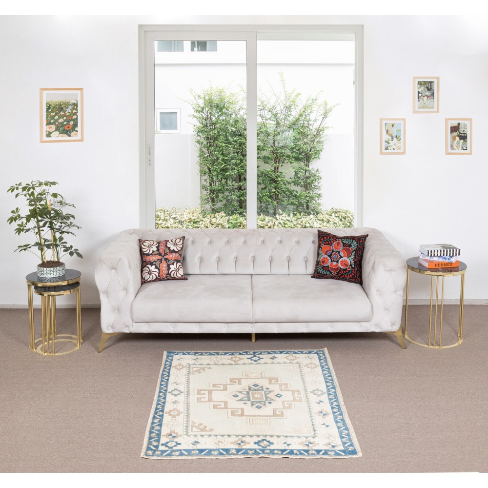 Handmade Vintage Turkish Rug with Geometric Design, 100% Wool