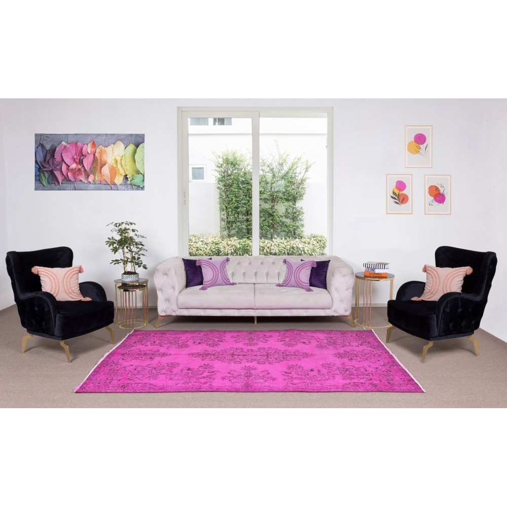 Hot Pink Color Over-Dyed Rug with Floral Garden Design, Vintage Hand Knotted Turkish Carpet
