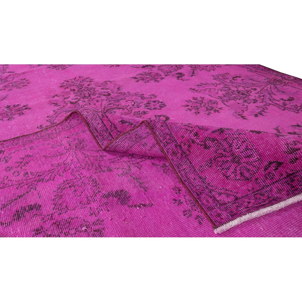 Hot Pink Color Over-Dyed Rug with Floral Garden Design, Vintage Hand Knotted Turkish Carpet