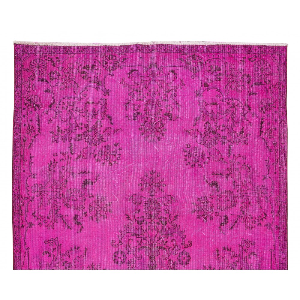 Hot Pink Color Over-Dyed Rug with Floral Garden Design, Vintage Hand Knotted Turkish Carpet