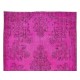 Hot Pink Color Over-Dyed Rug with Floral Garden Design, Vintage Hand Knotted Turkish Carpet