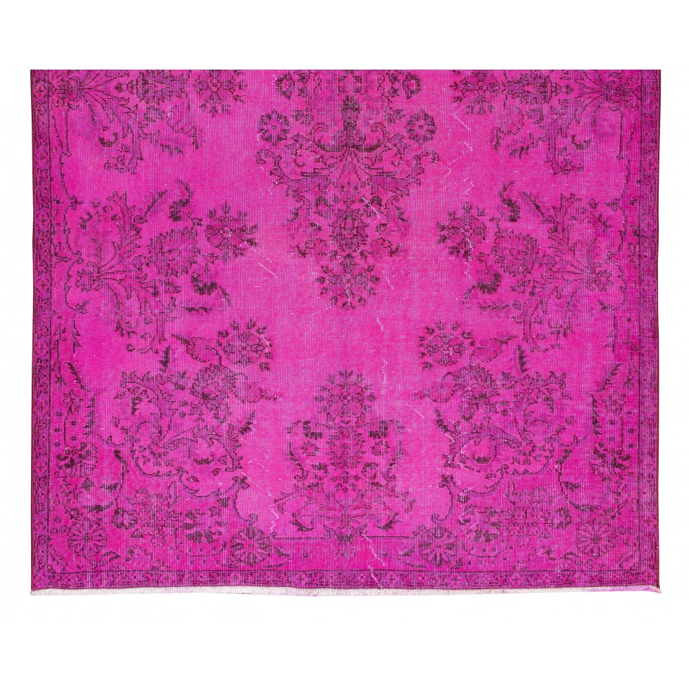 Hot Pink Color Over-Dyed Rug with Floral Garden Design, Vintage Hand Knotted Turkish Carpet
