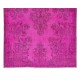 Hot Pink Color Over-Dyed Rug with Floral Garden Design, Vintage Hand Knotted Turkish Carpet