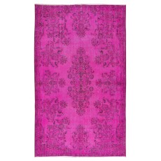 Hot Pink Color Over-Dyed Rug with Floral Garden Design, Vintage Hand Knotted Turkish Carpet