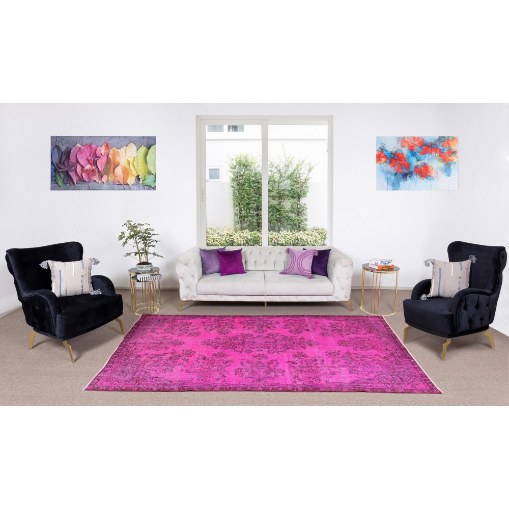 Hot Pink Color Over-Dyed Rug with Floral Garden Design, Vintage Hand Knotted Turkish Carpet