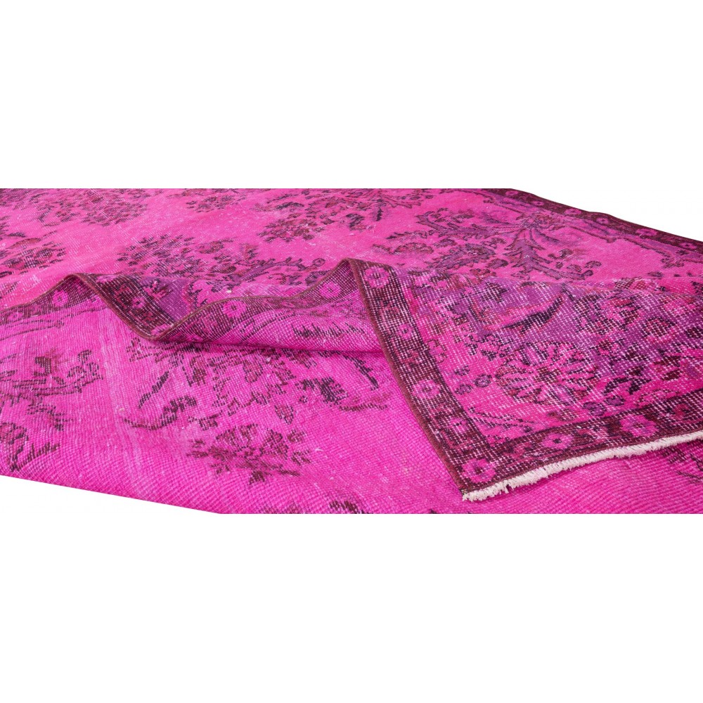 Hot Pink Color Over-Dyed Rug with Floral Garden Design, Vintage Hand Knotted Turkish Carpet