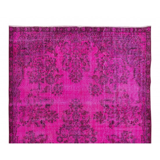 Hot Pink Color Over-Dyed Rug with Floral Garden Design, Vintage Hand Knotted Turkish Carpet
