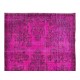 Hot Pink Color Over-Dyed Rug with Floral Garden Design, Vintage Hand Knotted Turkish Carpet