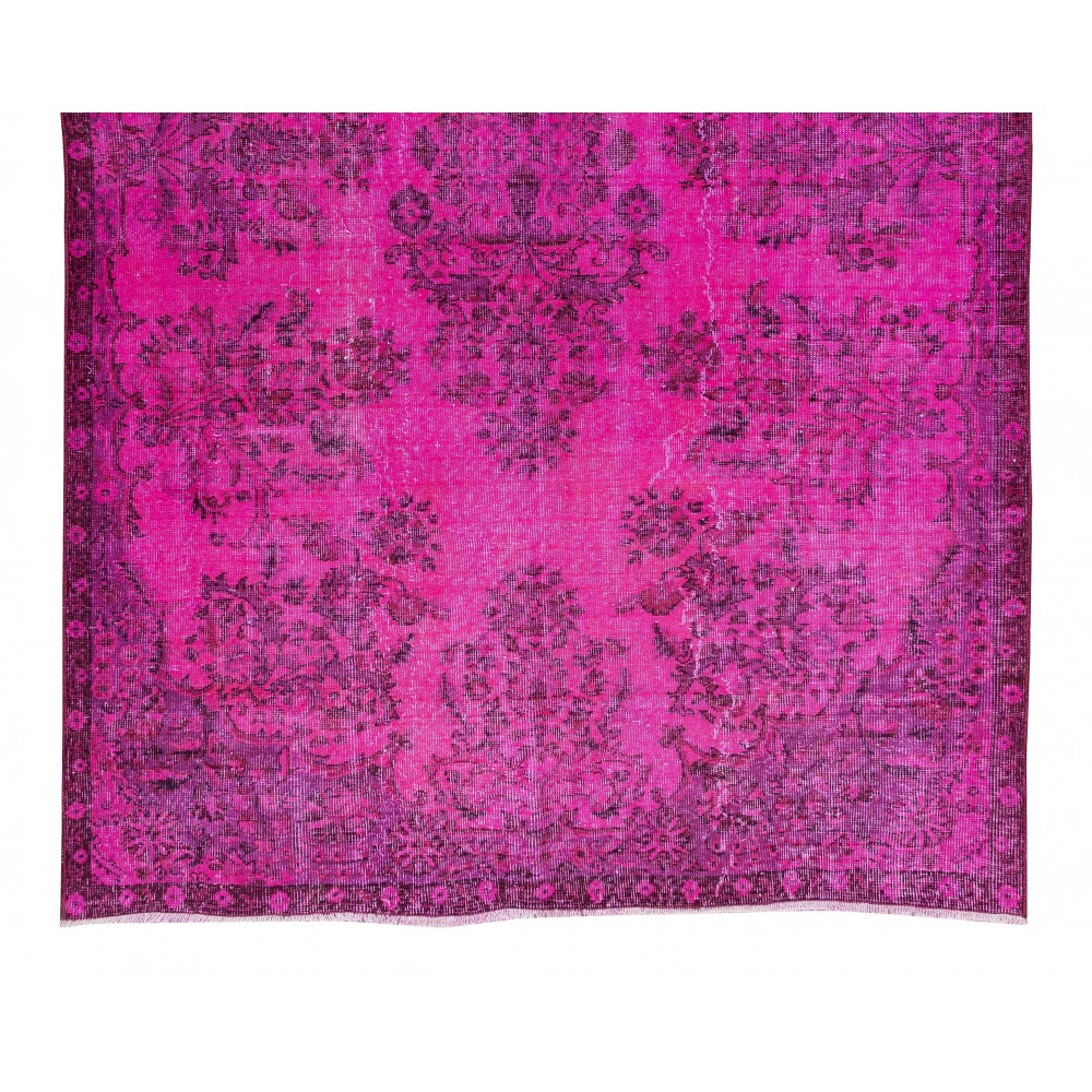 Hot Pink Color Over-Dyed Rug with Floral Garden Design, Vintage Hand Knotted Turkish Carpet