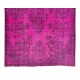 Hot Pink Color Over-Dyed Rug with Floral Garden Design, Vintage Hand Knotted Turkish Carpet