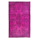 Hot Pink Color Over-Dyed Rug with Floral Garden Design, Vintage Hand Knotted Turkish Carpet