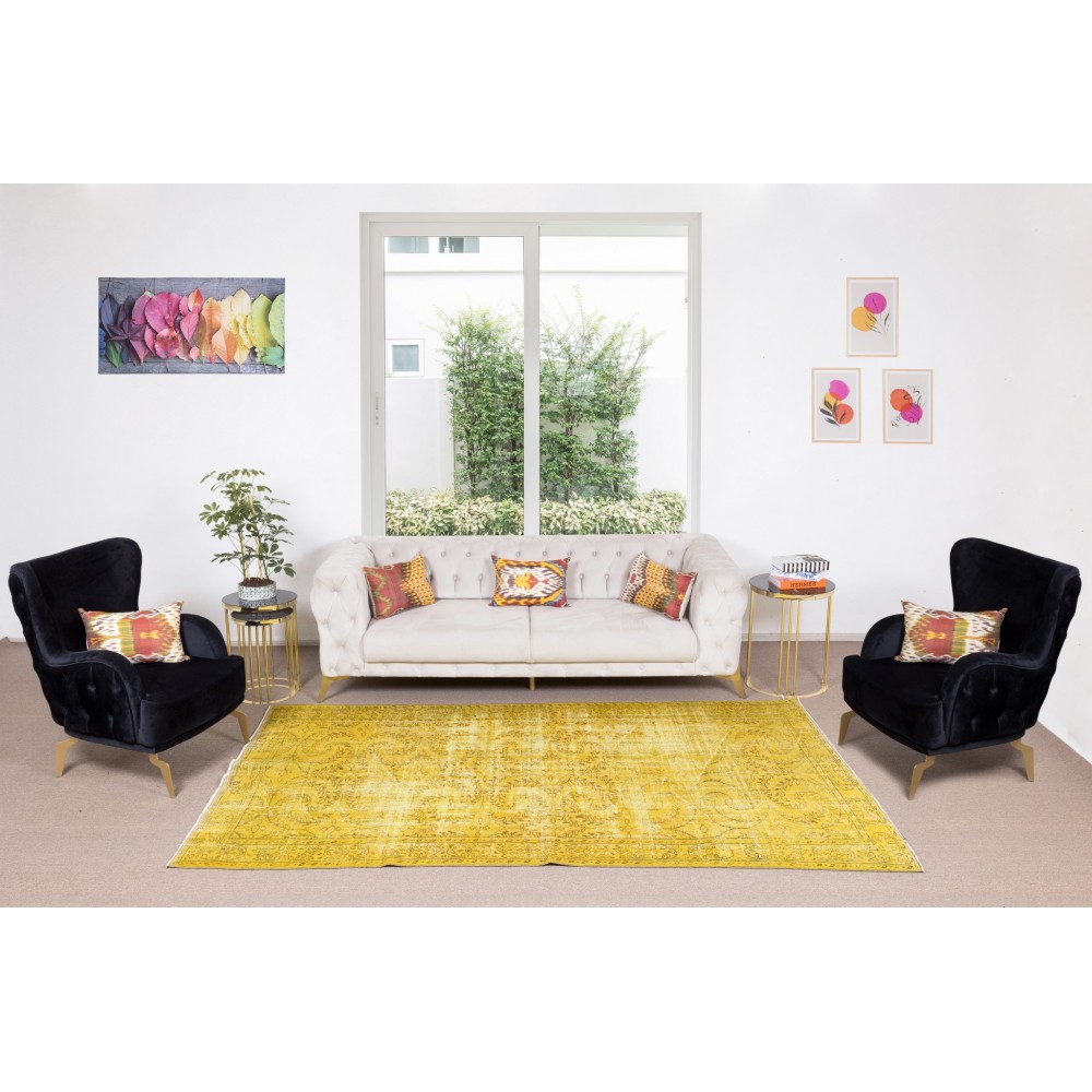 Handmade Yellow Overdyed Rug, Vintage Decorative Wool Carpet From Central Anatolia